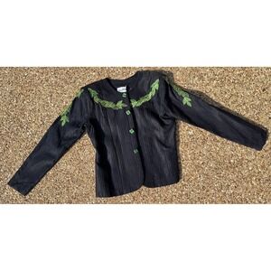 Vintage Jacket Black Embroidered Cropped Blazer Preppy Office Green Rhinestone S